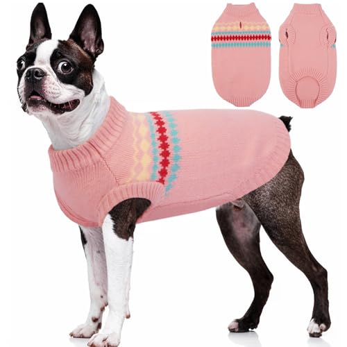 Kuoser Dog Sweater, Dog Sweaters for Medium Dogs Girl Boy, Christmas Dogs Sweater Knitwear, Warm Pet Pullover Sweatshirt Doggie Winter Clothes Apparel for French Bulldog, Boston Terrier, Pink M