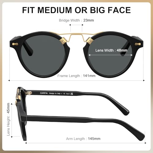 Image of CARFIA Small Face Acetate Polarized Sunglasses for Women UV Protection, Retro Double Bridge Eyewears Metal Brow Round Sunnies