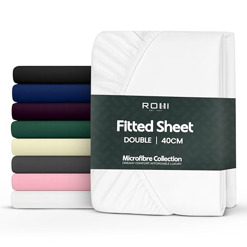 Rohi Double Bed Fitted Sheet 100% Microfibre – 16'' (40cm) Extra Deep Fitted Sheet with Elasticated Corners – Ultra Soft, Hypoallergenic & Durable Bed Sheet – Bottom Sheet (White – 137 x 190cm)