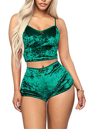 Sexy Velvet Strappy Babydoll Lingerie Satin Pajama Set for Women Crop Top Camisole and Shorts Bottom Sleepwear 2 Piece Outfit Green L
