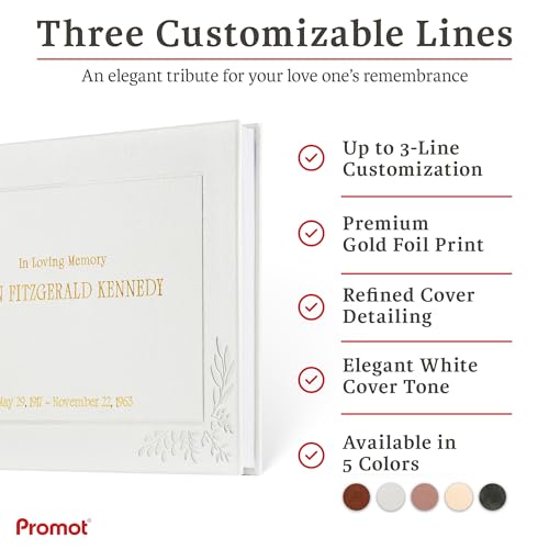 Image of Promot Funeral Guest Book for Memorial Service- Guest Book for Funeral Celebration of Life Decorations, in Loving Memory Guestbook Set with Wide-Ruled Pages, Custom Gold Foil Embossed Text (White)
