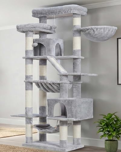 Image of Heybly Cat Tree, 71-Inch-Tall Tower for Indoor Cats with 2 Perches HCT034W | Large Cat Furniture with 2 Big Condos, 2 Hammocks, Basket, Scratching Pad, Multi-Level Cat Condo, Light Gray