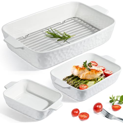 OdoVow Cazuela para horno, platos de porcelana para hornear, juegos de 3 utensilios de cerámica para hornear, sartenes grandes para lasaña con asas, juego de platos de cerámica para hornear con
