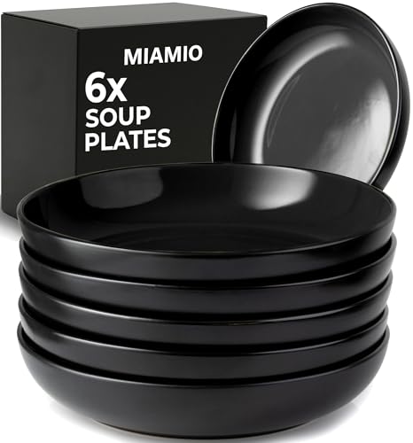 MIAMIO - Set di 22 cm per pasta/insalatiere da 900 ml, piatti per pasta larghi e bassi, grande piatto fondo in ceramica per servire zuppe - Collezione Le Papillon (Nero)