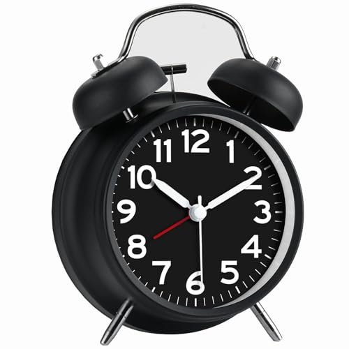 AKCISOT Loud Alarm Clock for Heavy Deep Sleepers 4.5 Inches Analog Metal Twin Bell Clocks Battery Operated with Backlight for Bedroom Bseide Old Fashioned for Desk Home Decoration (Black)