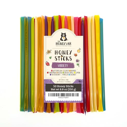 The Honey Jar Variety Pack Honey Sticks - Pure Honey Straws For Tea, Coffee, or a Healthy Treat - One Teaspoon of Flavored Honey Per Stick - Made In The USA with Real Honey - (50 Count)