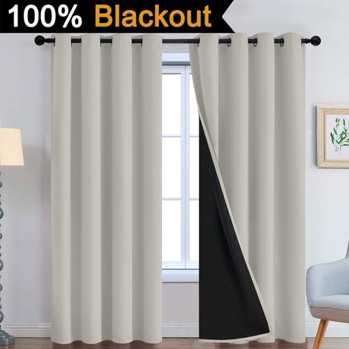 Image of Yakamok Cream Beige 100% Blackout Curtains 84 Inches Long 52 inch Wide 2 Panels | Blackout Curtain Panels for Bedroom, 2 Thick Layers Grommet Top Thermal Insulated Drapes with Black Liner for Living Room