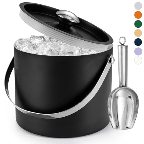 Best Insulated Ice Bucket With Lid for Keeping Drinks Chilled Perfectly 5 Ice Bucket (3 Liter) Stainless Steel Double Wall Insulated Ice Bucket with Lid & Scoop, Ice Buckets for Parties, Handle, Keeps Ice Cold for Hours, Great for Wine, Champagne, Cocktails (Black)