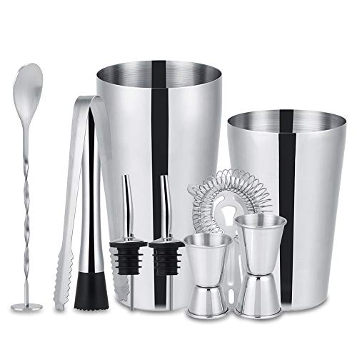 Samfox ZG712-5 Acier Inoxydable Boston Cocktail Shaker, Kit Barman Professional Set Mix Air installé Boisson cuillère à crème glacée pour Le mélange Forers Bar Tool 10pcs, Silver, 1