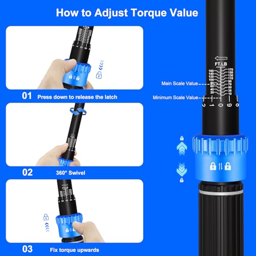 Image of 10-170FT 1 /2'' Torque Wrench Socket Set, 17mm 19mm 21mm Wheel Sockets with 3 /8 inch Drive Adapter and Extension Bar 72 Tooth, High Accuracy Laser Marking Scale for Auto Motorcycle Repair