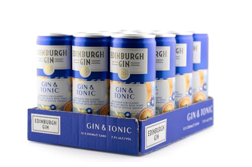 Edinburgh Gin The Classic London Dry and Tonic Ready To Drink Cocktail Cans 7.3% ABV | 250ml | Pack of 12 | Edinburgh Gin Classic Mixed With Premium Tonic and Seville Orange | Balanced and Crisp