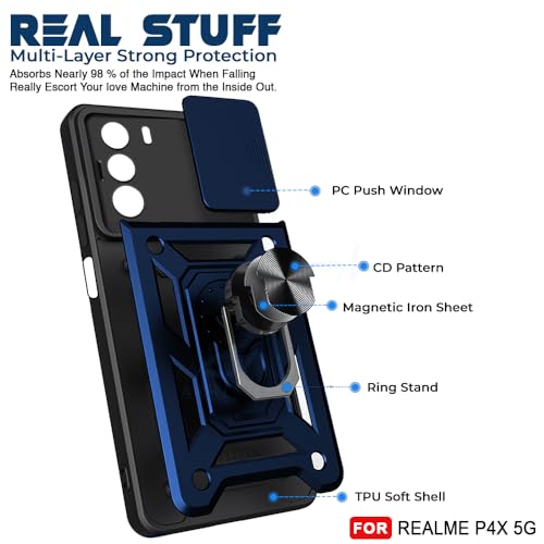 Image of AESTMO Tough Armor Realme P4X 5G Bumper Back Case Cover | Ring Holder & Sliding Camera Shield Cover | 360 Degree Protection Back Case Cover for Realme P4X 5G (Blue)