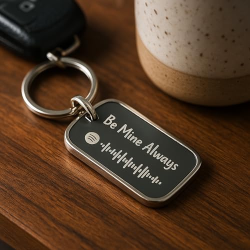 Image of Custom Spotify Code Metal Keychain - Personalized Engraved Message & Name - Unique Gift for Him or Her - Scan to Play Song or Playlist - Anniversary, Birthday, Valentine's Gift