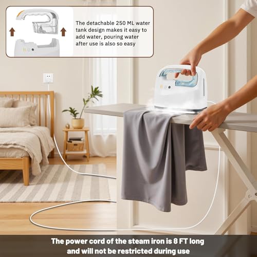 2-in-1 Steam Iron & Garment Steamer for Clothes, 0.78oz/min Powerful Steam, 35dB Quiet, 30s Heat Up, Ceramic Plate (280°F), 360° Rotation, 250ml Tank, Portable for Home Travel (New Model) - Image 6