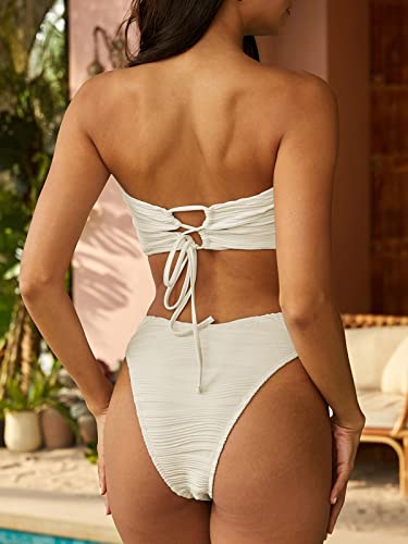 Image of ZAFUL Women Strapless Textured Bandeau Bikini 2 Piece Swimwear Cheeky Solid Lace up Bathing Suits