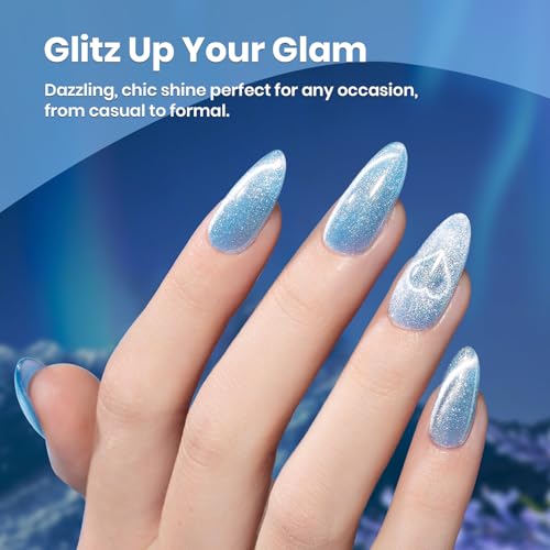 Image of Beetles Blue Cat Eye Gel Polish, 15ML Light Blue Cat Eye Glitter Gel Polish with Magnet Soak Off UV Shimmer Velvet Gel Arctic Aurora Series French Nail Art Design Manicure Gifts for Women