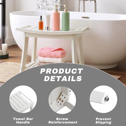 Image of Bamboo Shower Bench Stool,24 inch Shower Chair Seat Non-Slip,Waterproof Bathroom Bench with Storage Shelf for Adults,Elderly, Disabled Indoor&Outdoor Use (White)