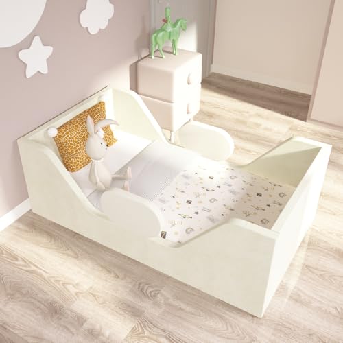 Image of weeonekids Toddler Bed, Child Bed for Kids with Extra Safty Broad, Standard Crib Size Toddler Bed, Certified Fabric Toddler Beds,Toddler Flood Bed (Light Khaki)