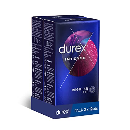 Durex Preservativos Intense, con Puntos y Estrías, con Gel Desirex, Sensación Calor, Frescor u Hormigueo, 2x12 condones