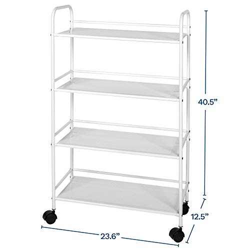 Richards Homewares RollingCart White Shelves with Wheels with Heavy Duty Metal Frame Supports 30 lbs per Tier - Utility Storage Carts Organizer with 4Shelves, 4