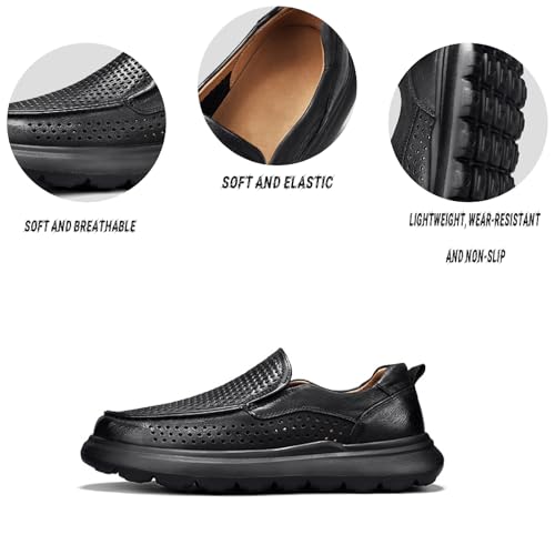 Men's Hollow Leather Platform Shoes Summer Comfortable Breathable Slip On Lightw Soft Bottom Penny Loafer Outdoor Driving Travel Casual Walking Shoes3