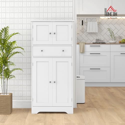 HOMCOM Kitchen Cupboard, Freestanding Modern Kitchen Storage Cabinet with 4 Doors, Drawer and Adjustable Shelf, White - Image 2
