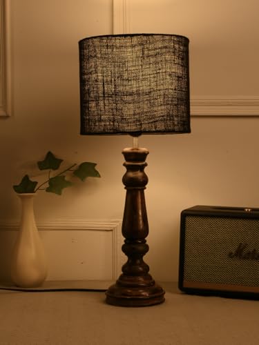 Image of Green Girgit Classic Wooden Lamp in Walnut Brown Color with Jute Black Shade, Vintage Style Table Lamp with Wooden Base, Black Fabric Shade, Traditional Design for Bedroom (LED Bulb Included)