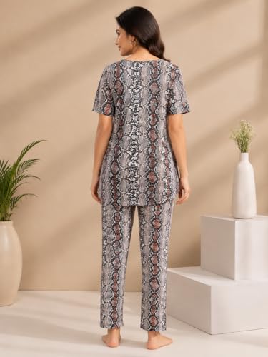 Image of KIAWAH Women Printed Night Suit Set, Cotton Blend Night Suit, A-Line Top and Pajama Set, Soft and Breathable Night Wear