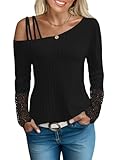 Women Cold Shoulder Tops Long Sleeve Lace Elegant Shirt Sexy Criss-Cross Blouse Slash Neck Pullover Casual Top Black
