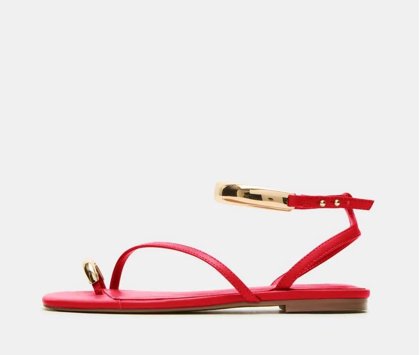 Coutgo Womens Strappy Flat Sandals Flip Flops Open Toe Ring Sandals Metal Ankle Strap Summer Beach Shoes - Image 3