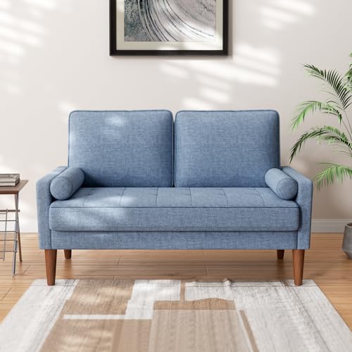 Vesgantti Petit Canapé 2 Places Bleu en Lin 121cm, Causeuse Fixe Moderne avec Coussin à Ressorts et Accoudoirs