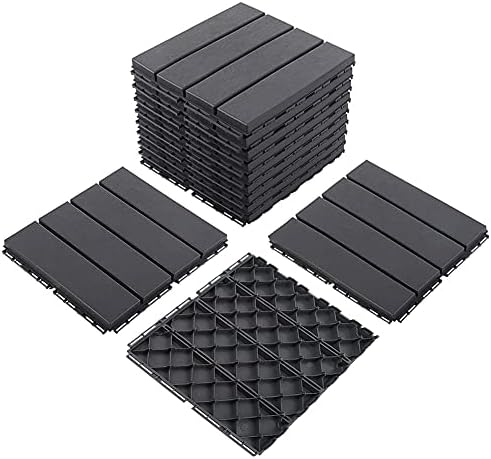 domi outdoor living Patio Deck Tiles, 12 x 12 inches Composite Interlocking Decking Tile, Four Slat Plastic Outdoor Flooring, 9 Pieces One Pack, Dark Grey