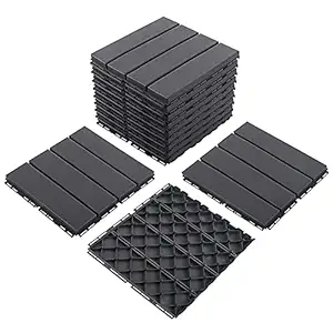 Domi Outdoor Living Patio Deck Tiles, 12 x 12 inches Composite Interlocking Decking Tile, Four Slat Plastic Outdoor Flooring, 9 Pieces One Pack, Dark Grey