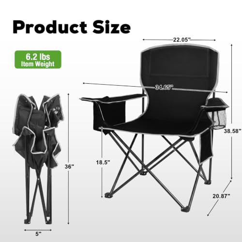 Image of Romswi 2 Pack Lightweight Camping Chairs for Adults, Folding Outdoor Chair with 4-Can Cooler Bag, Collapsible Chair with Cup Holder for Camping, Beach, Lawn, Fishing, Black