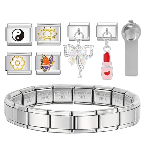 arrderly - arrderly Italian Charms Bracelet DIY 9 mm modules amovibles pour bracelets italiens, breloques de style italien pour femme, breloque classique amovible en acier inoxydable avec outils d'ouverture,