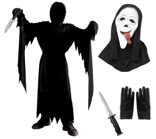 Adult Scary Movie Ghost Costume Black Scream Halloween Fancy Dress Outfit (Robe Mask With Tongue Gloves & Knife) - One Size