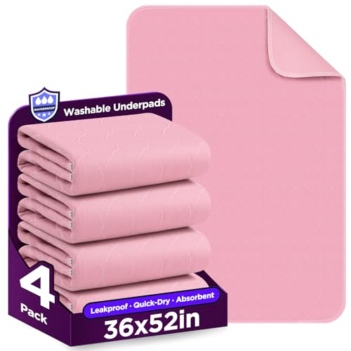 Image of Washable Bed Pads 36 inch x 52 inch - 4 Pack, Pink, Waterproof Bed Pads for Incontinence, Bed Wetting Pads for Bed, Sofa, Floor, Resuable Underpads for Adults, Seniors, Pet
