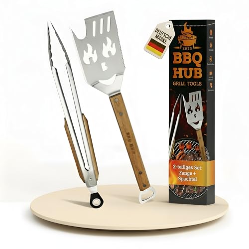 BBQ Hub 7-in-1 Grillspachtel Geschenk Set für Männer & Papa | Grillbesteck Set aus Edelstahl mit Holzgriff | BBQ Set Geschenk zum Geburtstag für Mann, Gasgrill & Plancha