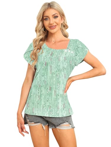 Image of Womens Petal Sleeve Tops Summer Trendy T Shirt Casual Loose Square Neck Button Blouse Tees