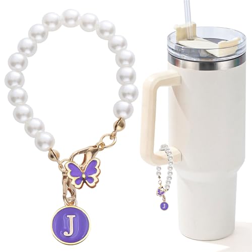 Image of Letter Charm for Stanley Cup,Pearl Chain Accessories Stanley Cup Initial Charms for Handle Stuff Decor Water Bottle Jewelry Tumbler Cute Personalized Name ID Decorations Purple Tag J