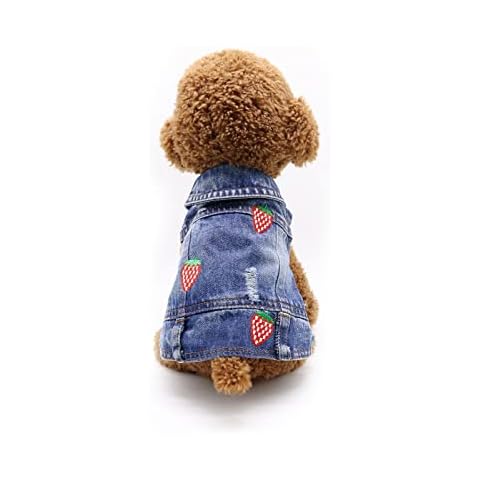QTBOOM Pet Dog Clothes Adorable Strawberry Embroidery Coats for Dog Cat Machine Washable Dog Shirt Cool Blue Puppy Denim Coat Small Medium Dog Cover