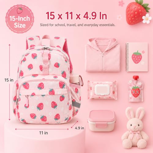 Image of LOIDOU Toddler Backpack for Girls, 15 Inch Preschool Kindergarten Backpack with Insulated Snack Pocket, 13L Corduroy Kids Bookbag with Chest Strap and Water Bottle Pockets, Pink Strawberry
