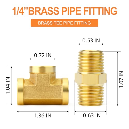 Image of GASHER 2PCS Brass Tee Pipe Fittings, 1 /4 inch NPT Female x 1 /4 inch NPT Female x 1 /4 inch NPT Male Pipe Fittings, Male Run Tee