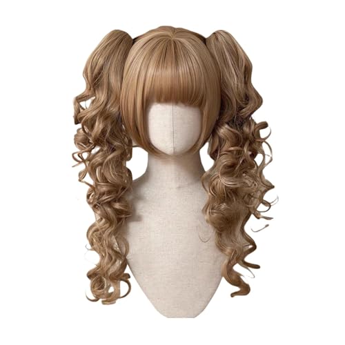 [ボズとガルヤ] 姫カット 巻き髪 ロリータウィッグ ツインテール ぱっつん かつら 原宿風 lolita風 ゆめかわいい GAL系 耐熱 小顔 茶髪 宮殿風 貴族風 金髪 お姫 森ガール パーティー 学園祭 文化祭 (茶色)