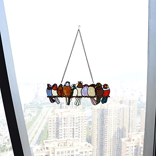 Bieye W10002 Tropical Birds Tiffany Style Stained Glass Window Panel Hangings With Chain, 19" W X 11.4" H #TOP2