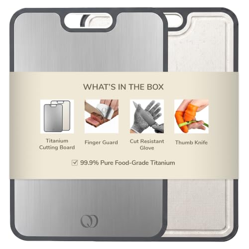Image of Titanium Cutting Board Double-Sided 2-in-1 (99.9% Titanium + PP), 15 inch x 10 inch, with Accessories (Finger Guard, Glove, Thumb Knives) - Kitchen Metal Chopping Board for Meat, Fruits & Vegetables