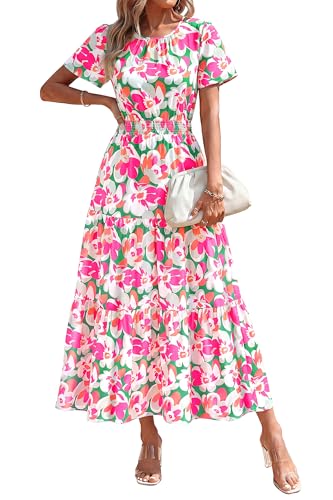 Image of PRETTYGARDEN Women's Casual Smocked Boho Floral A-Line Maxi Dress 2026 | Summer Short Flutter Sleeve Crewneck Tiered Long Sundress,Fall Wedding Guest Dresses,Spring Cute Flowy Beach Vacation Clothes