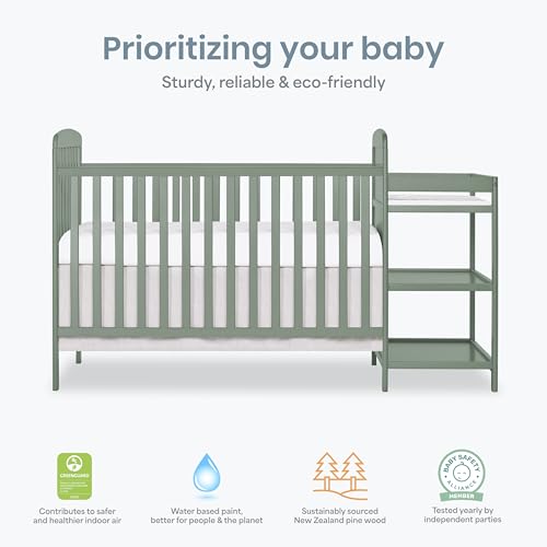 Image of Dream On Me Anna 4 in 1 Full Size Crib and Changing Table Combo in Meadow Green, Greenguard & Baby Safety Alliance Certified, Converts from Baby Crib to Toddler Bed and Day Bed