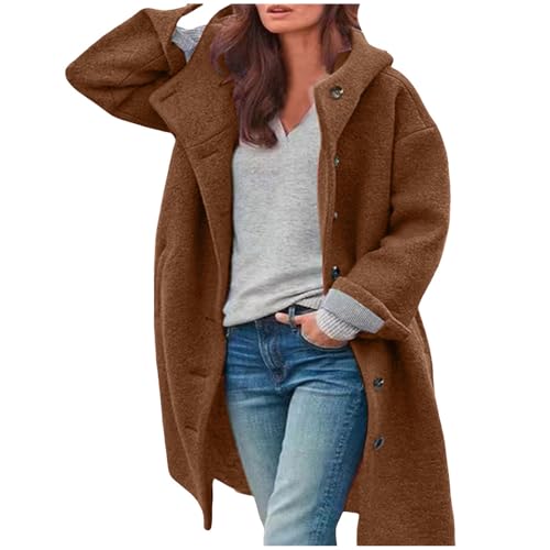 Kswlwccpp Kuscheljacke Damen, Wollmantel Damen Winter - Elegant Lang Übergangsjacke Flauschig mit Kapuze Wintermantel Grosse Grössen Fleecejacke Trenchcoat mit Taschen