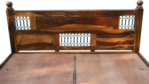 Image of Solid Sheesham Wood King Size Bed Without Storage | Wooden Double Bed Frame for Guest Room Modern Handcrafted & with Headboard |Honey Walnut Finish